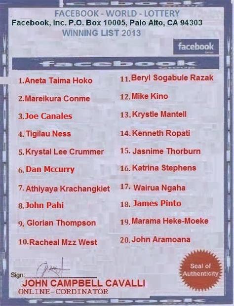 real facebook lottery winners list